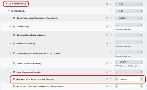 Nicht durch Eigenkapital gedeckter Fehlbetrag in den Passiva