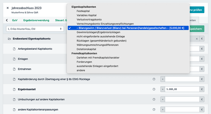 Kapitalkonto bei Bilanzgewinn/-verlust